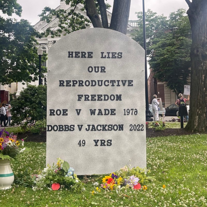 Tombstone designed by Adam Schepker representing the 49-year-long span of abortion rights granted by landmark 1973 Supreme Court judgment Roe v. Wade that was overturned in 2022. (Courtesy Mrinali Dhembla)
