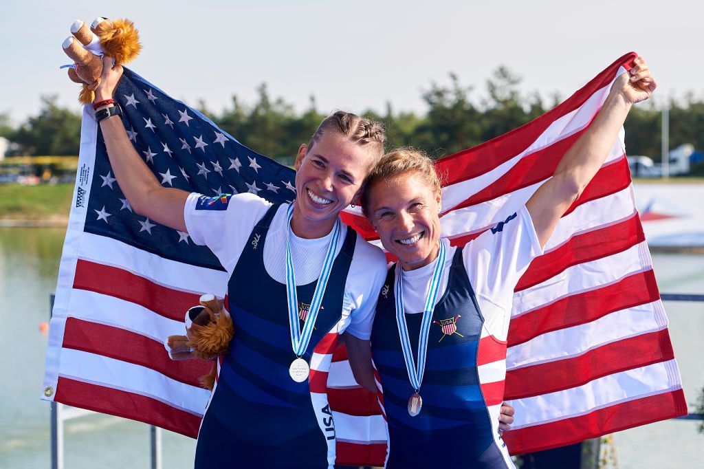 RACICE, CZECH REPUBLIC - SEPTEMBER 24: Molly Reckford (L) and Michelle Sechser both of the United States celebrate their silver medals in Lightweight Women's Double Sculls Final A during 2022 World Rowing Championships on September 24, 2022 in Racice, Czech Republic. (Photo by Adam Nurkiewicz/Getty Images)