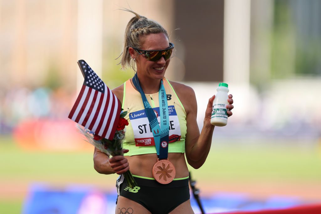 EUGENE, OREGON - JUNE 30: Bronze medalist Elle St. Pierre poses with her medal after competing in the women's 1500 meter final on Day Ten of the 2024 U.S. Olympic Team Track & Field Trials at Hayward Field on June 30, 2024 in Eugene, Oregon. (Photo by Patrick Smith/Getty Images)