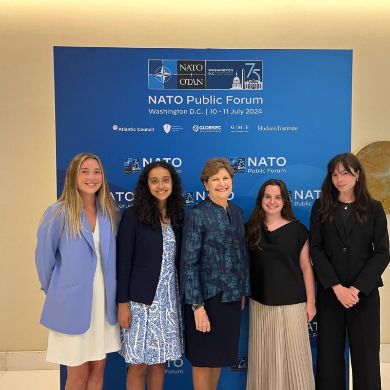 Sen. Jeanne Shaheen with 4 New Hampshire students— (left to right) Bryn Pearson, Vidushi Sharma, Emeri Jacobs, and Norah Clancy—at the NATO Summit held in Washington, DC last week. (Courtesy Office of Sen. Shaheen)