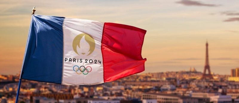 PARIS - FRANCE - MAY 23: French flag with Paris 2024 summer olympic games logo, Eiffel tower on May 23, 2017 in Paris France