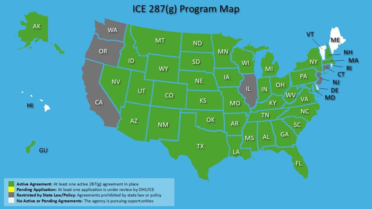Graphic of the USA map showing states involved in the 287(g) program.