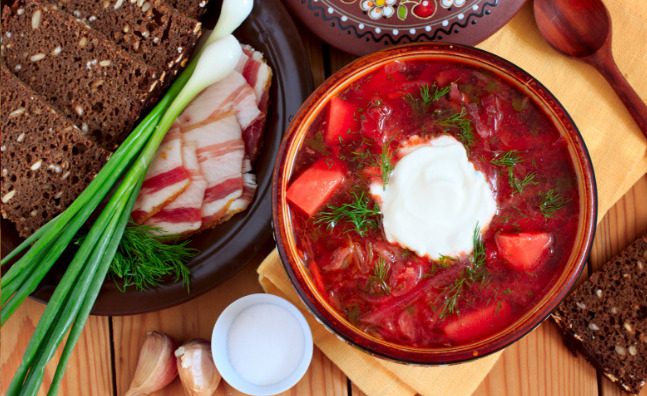 Ukrainian soup and sides from an international market